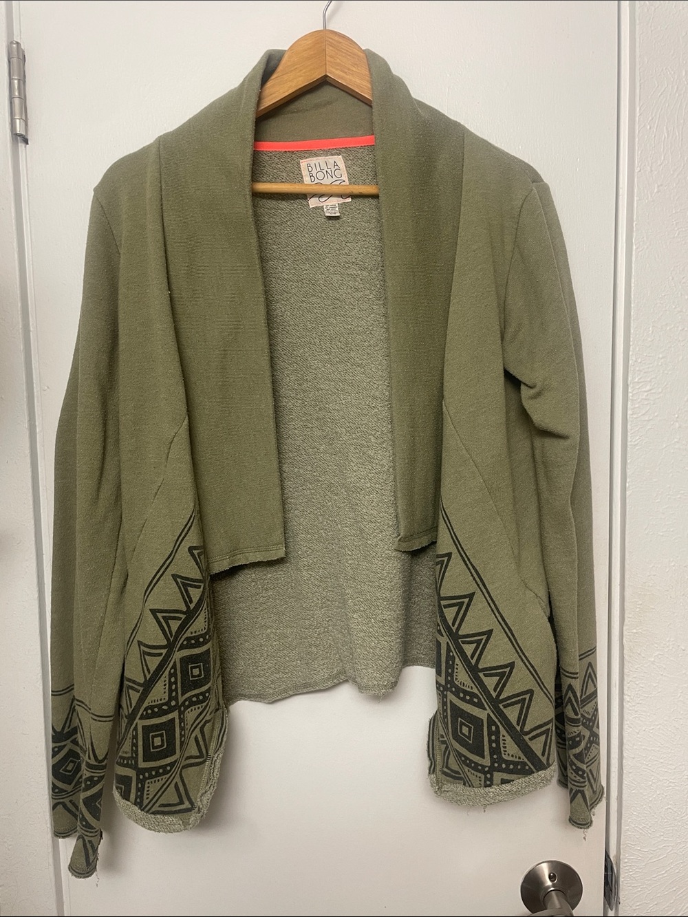 Billabong Olive Green Open-Front Cardigan with Geometric Hem